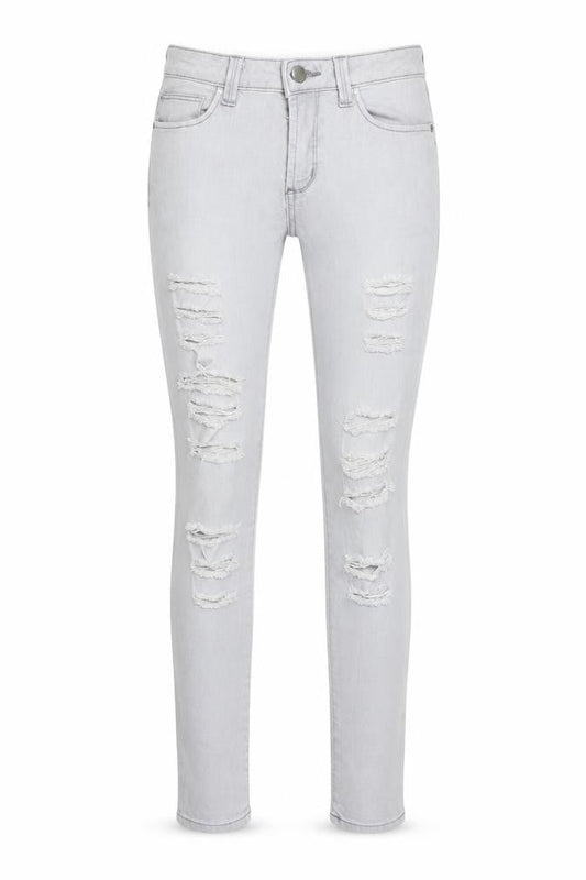 Front view of Denim & Co. women’s grey denim skinny jeans, size UK 6, 27-inch leg
