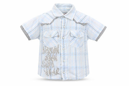 Front view of Rebel boys’ blue check basic button-up, size 2-3, years