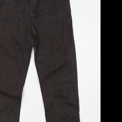 Close-up detail of sprit women’s brown denim trousers, size UK 8, 32-inch leg