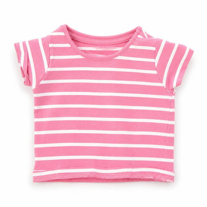 Front view of Denim & Co. girls’ pink striped basic t-shirt, size 3-6, months