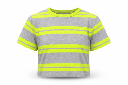Front view of Gap girls’ grey striped cropped t-shirt, size 10-11, years