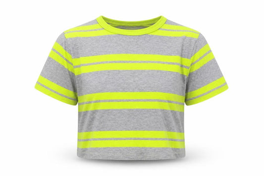 Front view of Gap girls’ grey striped cropped t-shirt, size 10-11, years