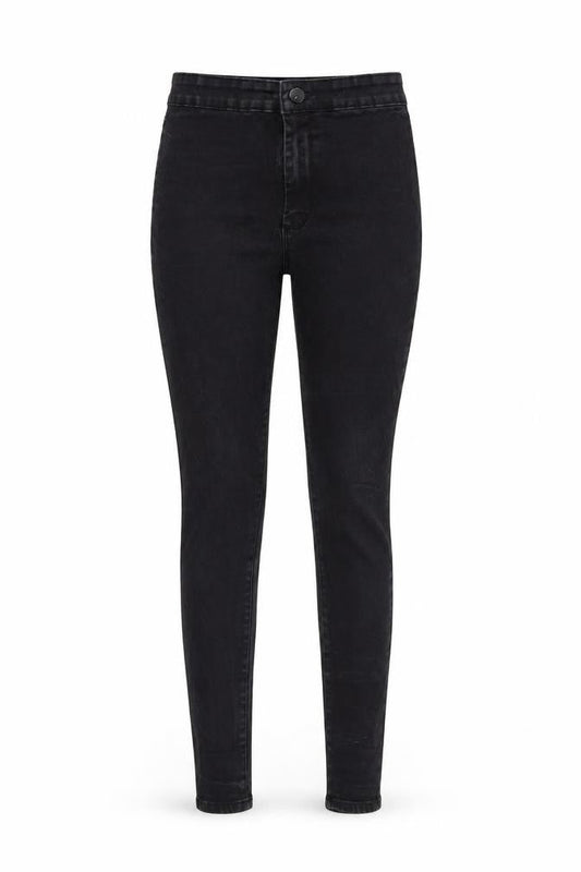 Front view of Denim & Co. women’s black denim skinny jeans, size UK 12, 25-inch leg