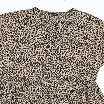 Boohoo Womens Brown Animal Print  Basic Button-Up Size 8