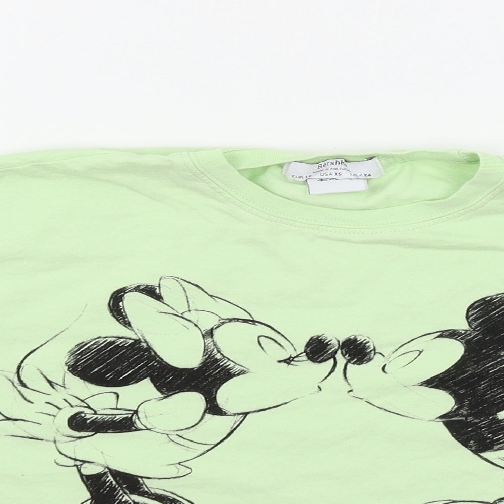 Bershka Girls Green  Jersey Basic T-Shirt Size XS  - Mickey and Minnie