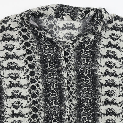 Close-up detail of ASOS women’s grey animal print basic button-up, size UK 12
