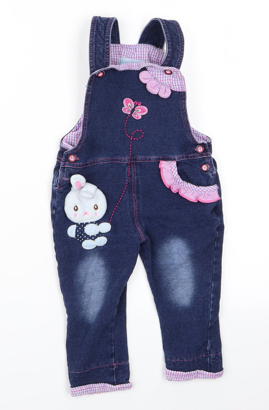 Kidscoolspace Girls Blue Animal Print  Dungaree One-Piece   - Rabbit Logo