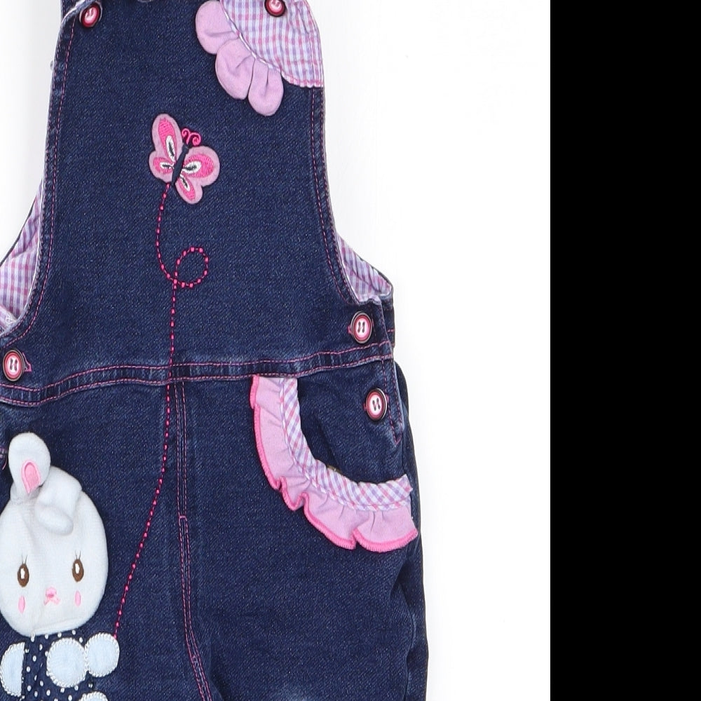 Kidscoolspace Girls Blue Animal Print  Dungaree One-Piece   - Rabbit Logo