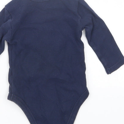 Brand and care label for Matalan boys’ blue babygrow one-piece, size 3-6, months