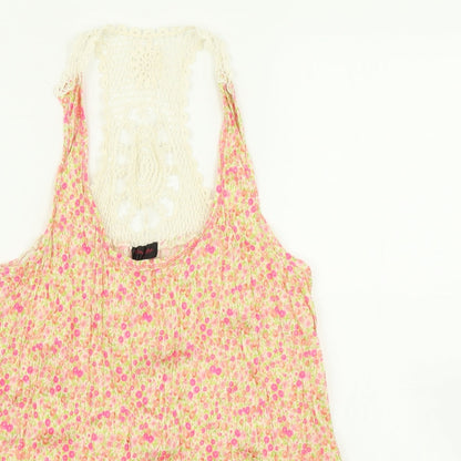 Close-up detail of Miss Selfridge women’s orange floral basic tank, size UK 8