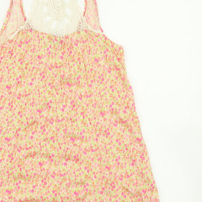 Brand and care label for Miss Selfridge women’s orange floral basic tank, size UK 8