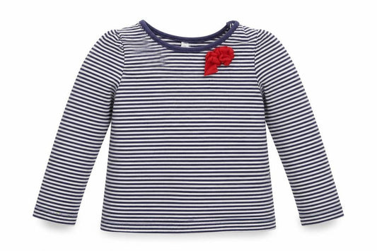 Front view of Mini Club girls’ blue striped basic t-shirt, size 12-18, months