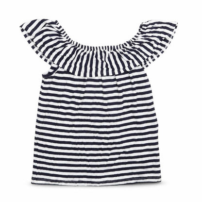 Front view of Avenue girls’ blue striped basic t-shirt, size 7-8, years