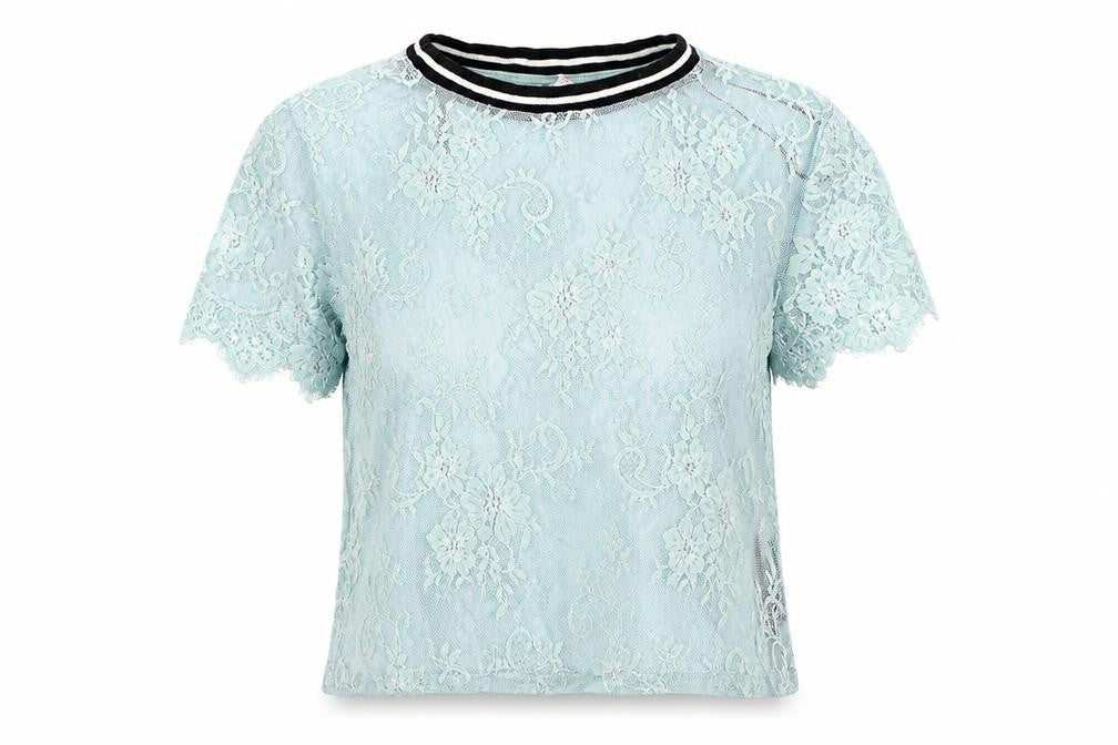 H&M Womens Blue Floral Lace Basic T-Shirt Size S  - Transparent