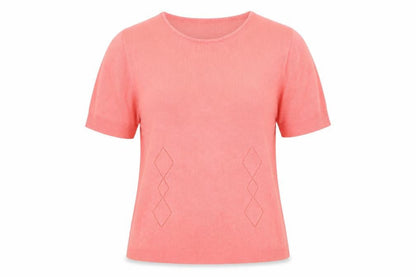 Front view of EA women’s pink argyle/diamond basic t-shirt, size M