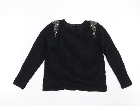 Sfera Womens Black Geometric  Pullover Jumper Size M  - beaded