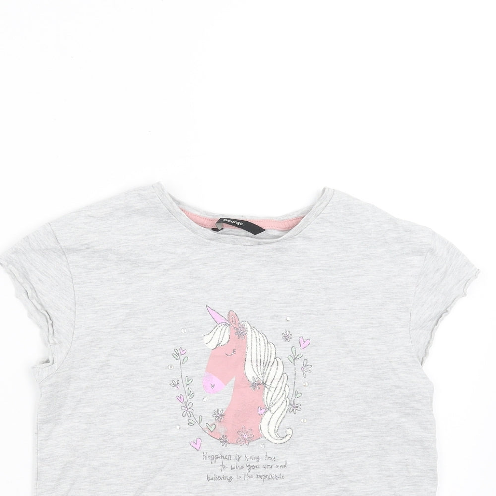 George Girls Grey   Basic T-Shirt Size 9-10 Years  - unicorn