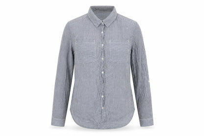 Front view of Atmosphere women’s blue striped basic button-up, size UK 10