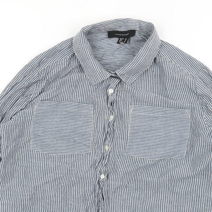 Close-up detail of Atmosphere women’s blue striped basic button-up, size UK 10