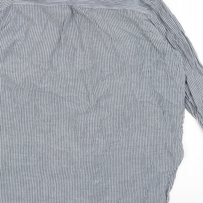 Brand and care label for Atmosphere women’s blue striped basic button-up, size UK 10