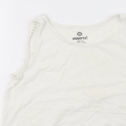 Close-up detail of pepperts girls’ white basic t-shirt, size 10-11, years