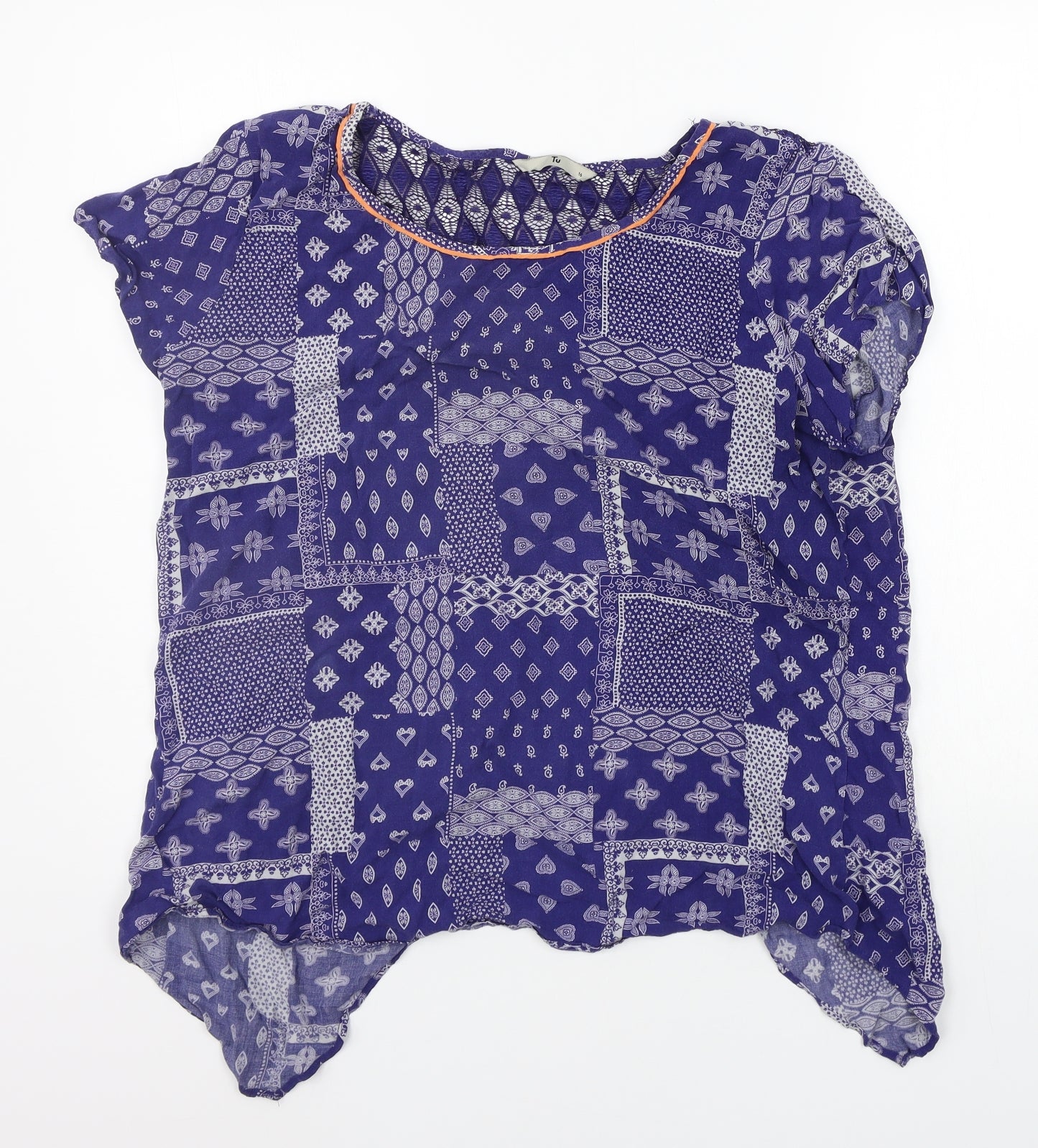 TU Womens Blue Geometric  Basic T-Shirt Size 16
