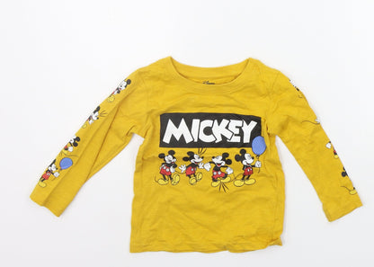 Front view of Primark girls’ yellow geometric basic t-shirt, size 12-18, months - mickey mouse