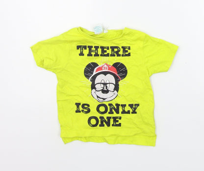 Front view of Disney girls’ yellow basic t-shirt, size 12-18, months - micky mouse