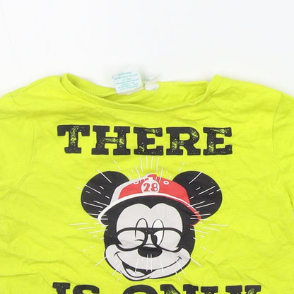 Close-up detail of Disney girls’ yellow basic t-shirt, size 12-18, months - micky mouse