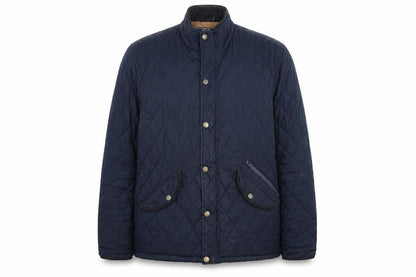 Front view of Easy women’s blue argyle/diamond pea coat coat, size M
