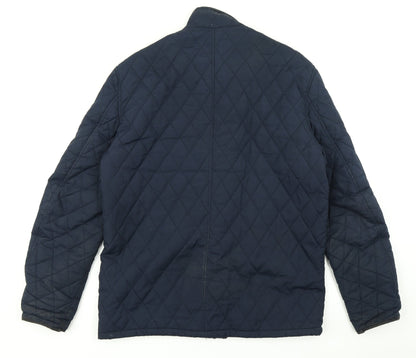 Back view of Easy women’s blue argyle/diamond pea coat coat, size M