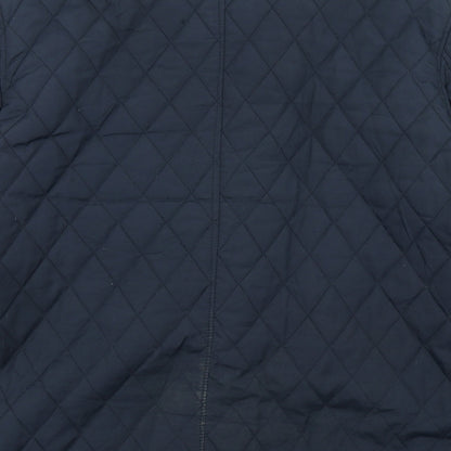 Brand and care label for Easy women’s blue argyle/diamond pea coat coat, size M