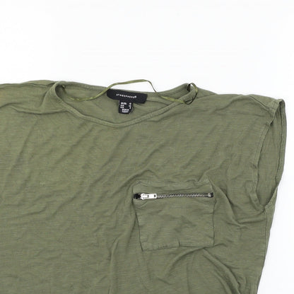 Close-up detail of Atmosphere women’s green jersey basic t-shirt, size UK 12