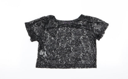 Back view of F&F girls’ black floral basic t-shirt, size 8-9, years