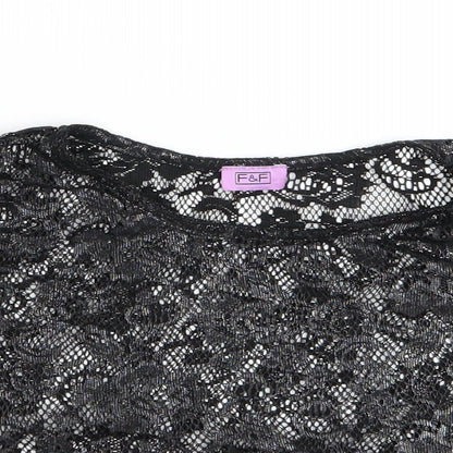 Close-up detail of F&F girls’ black floral basic t-shirt, size 8-9, years