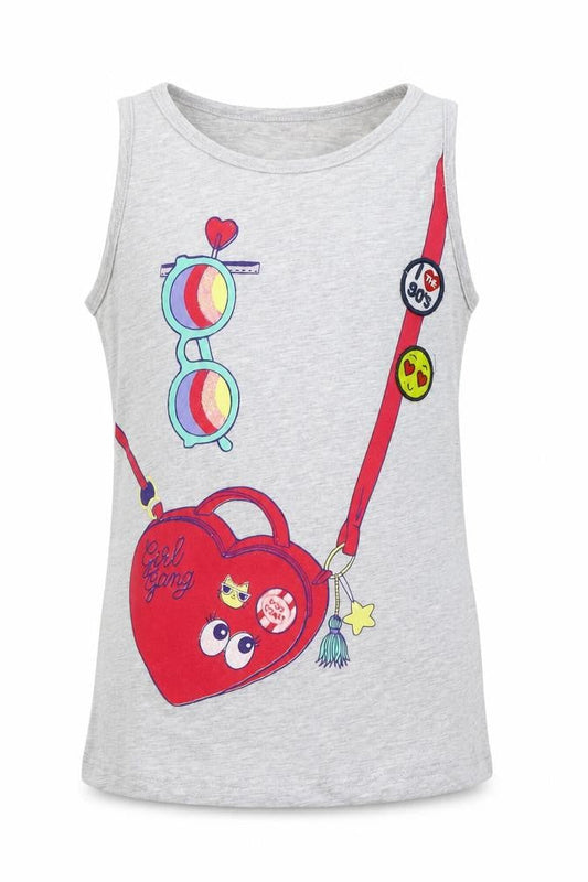Front view of lina pink girls’ grey basic tank, size 8, years - details on chest