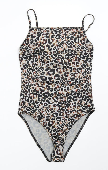 Additional front view of Miss Selfridge women’s beige animal print basic blouse, size UK 8, - bodysuit