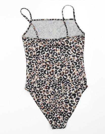 Back view of Miss Selfridge women’s beige animal print basic blouse, size UK 8, - bodysuit
