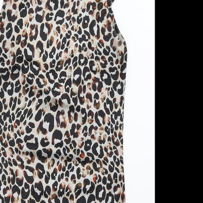 Close-up detail of Miss Selfridge women’s beige animal print basic blouse, size UK 8, - bodysuit