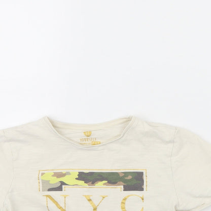 Close-up detail of F&F girls’ beige cropped t-shirt, size 10, years - nyc