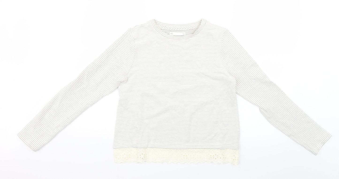 Marks and Spencer Girls White Striped Knit Pullover Jumper Size 13-14 Years