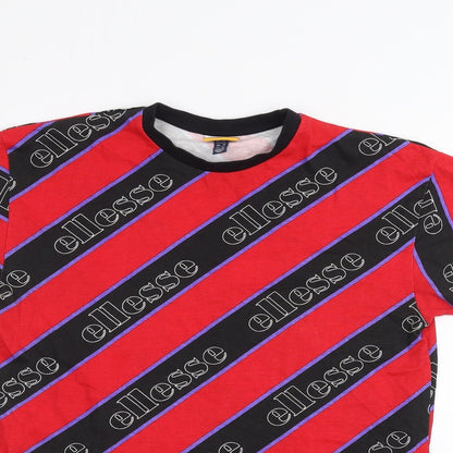Close-up detail of Ellesse women’s red striped basic t-shirt, size UK 8