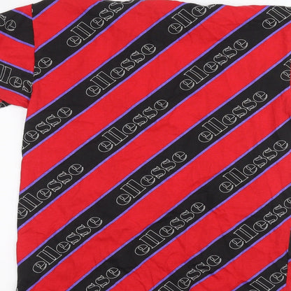 Brand and care label for Ellesse women’s red striped basic t-shirt, size UK 8