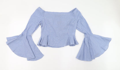 Boohoo Womens Blue Check  Basic Blouse Size 10