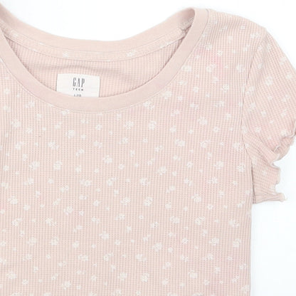 Close-up detail of Gap girls’ beige basic t-shirt, size 10, years