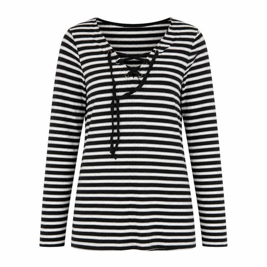 Front view of Papaya women’s black striped jumper, size UK 14