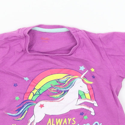 Close-up detail of Studio girls’ purple jersey basic t-shirt, size 3-4, years - unicorn