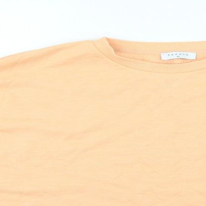 Close-up detail of Papaya men’s orange jumper, size XL
