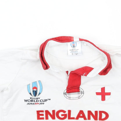 Close-up detail of Rugby World Cup 2019 girls’ white basic polo, size 7-8, years - england