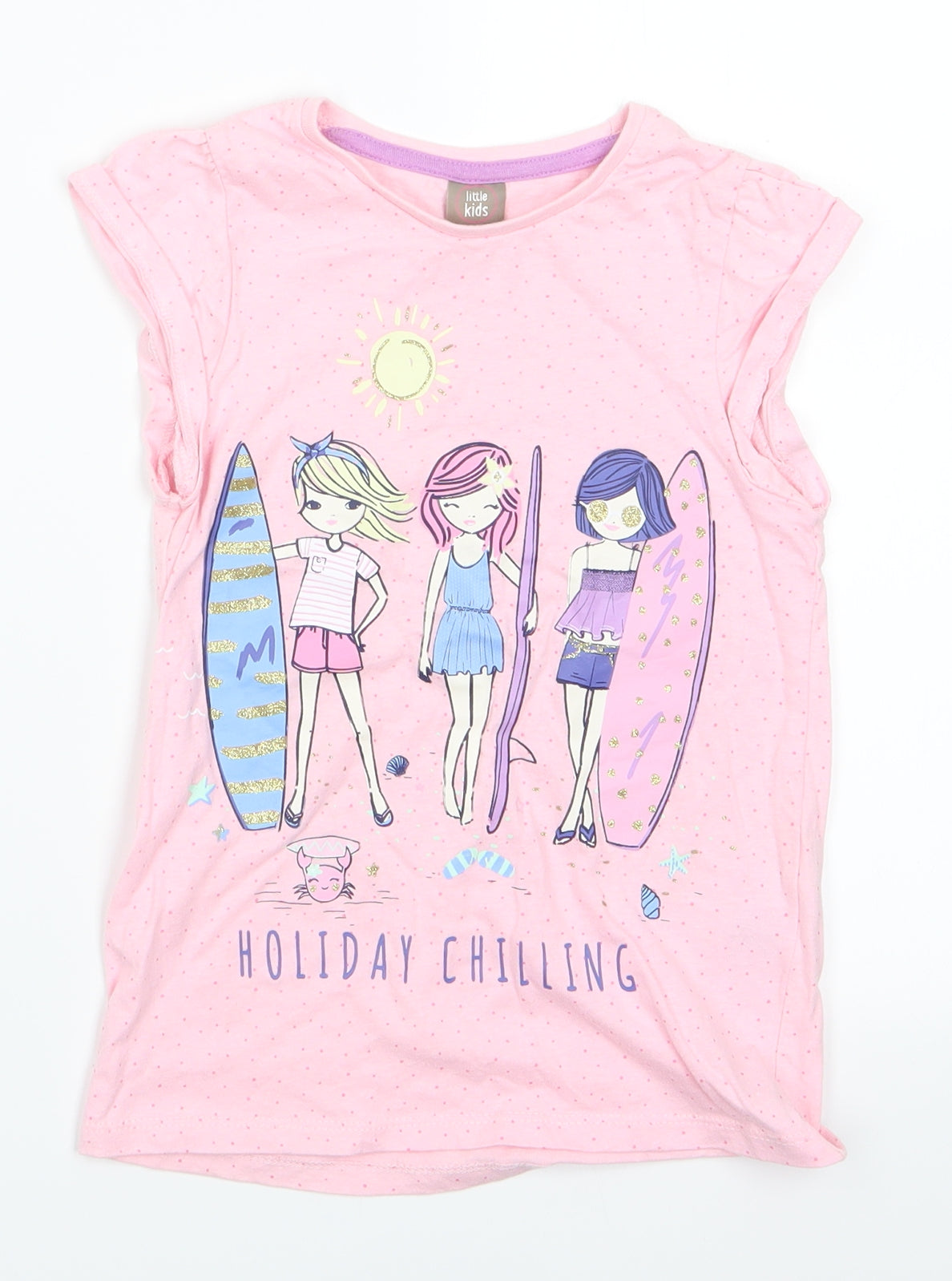 Little Kids Girls Pink   Basic T-Shirt Size 5-6 Years  - Holiday Chilling